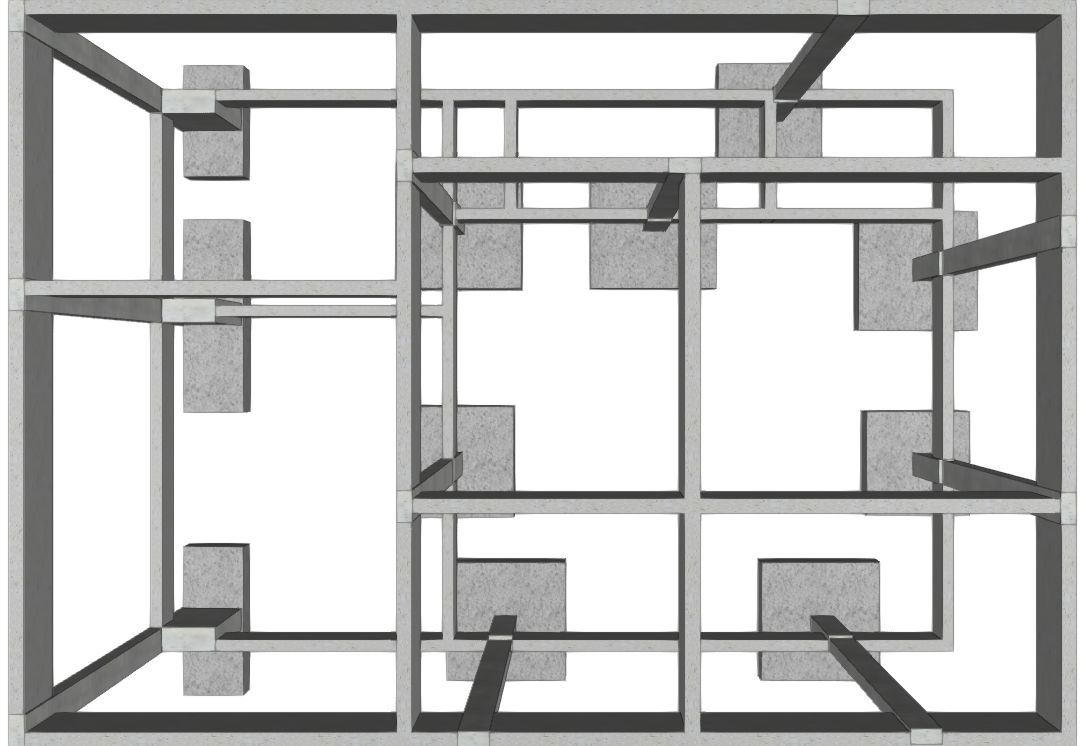 Modelo 3D de fundação com sapatas e vigas baldrame