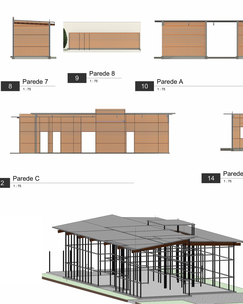 Prancha do projeto estrutural de uma casa em tijolo ecológico: elevações das paredes e 3D estrutural